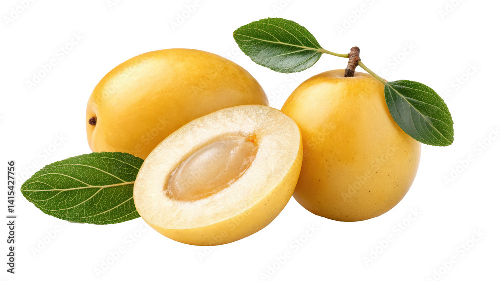 Poster golden marula fruits with smooth skin and green leaves are displayed, one cut open to reveal seed in