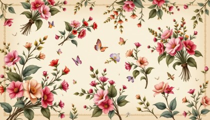 A stunning vintage wallpaper design featuring a variety of intricate botanical flower bunches and vintage motifs