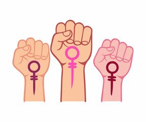 Three raised fists, each adorned with a stylized female symbol, create a powerful image of unity and empowerment.