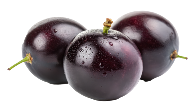 Dark purple jabuticaba fruits with grape like appearance are shown isolated transparency background. fruits are fresh, with glossy surface and small water droplets, highlighting their juicy