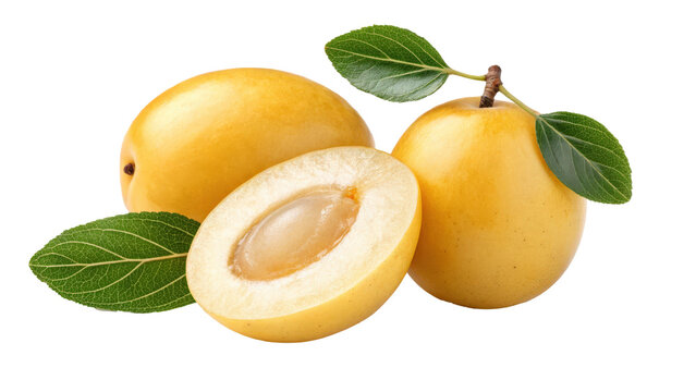 Golden marula fruits with smooth skin and green leaves are displayed, one cut open to reveal seed inside. vibrant yellow color and glossy texture make them visually appealing