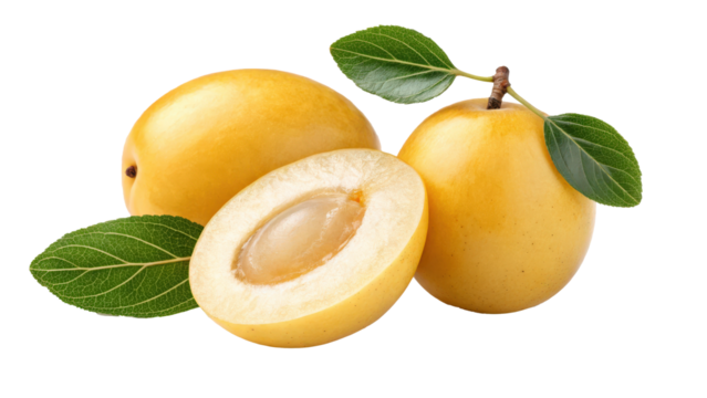 Golden marula fruits with smooth skin and green leaves are displayed, one cut open to reveal seed inside. vibrant yellow color and glossy texture make them visually appealing