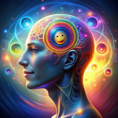 Obraz premium A stylized side profile of a human head with a vibrant and colorful brain visualization. Inside the head, there is a circular, rainbow-colored graphic featuring a smiling face.