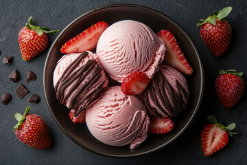 scoops of strawberry ice cream topped with chocolate syrup and fresh strawberries on a waffle cone.