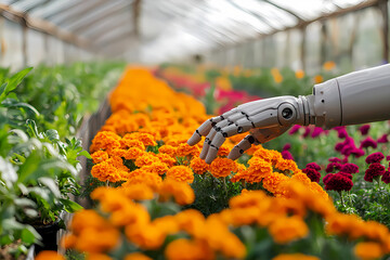 Robotic arm tending to orange marigolds in greenhouse setting