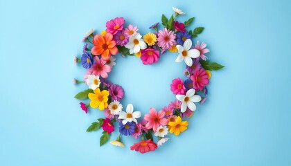 Obraz premium Heart-shaped floral arrangement, vibrant blooms, blue background, nature, event