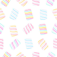 Seamless pattern with soft marshmallows in cartoon style. Vector illustration of tasty twisted marshmallows in blue, pink, white, yellow colors, isolated on white background. Wrapping paper,packaging.
