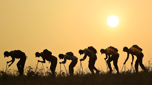 wildlife conservation volunteers surveying a habitat, teamwork silhouettes, vibrant colors, clean