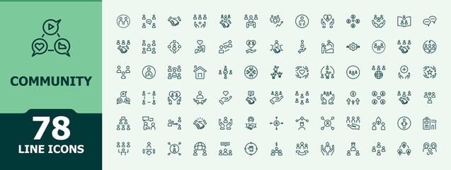 Community line icon set. Included communication, human, unity, support, trust and more. Modern icons collection. Social icon. Minimal icons set. Editable vector stroke.