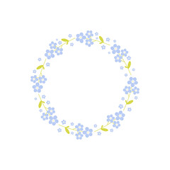 Colorful floral wreath with beautiful hand drawn flowers. Round frame with forget-me-not wildflower. Vector illustration isolated on white background. Perfect for wedding invitation, greeting card etc