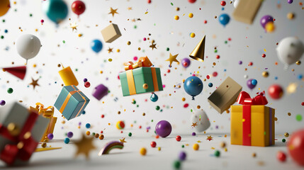 Fototapeta premium A vibrant explosion of colorful gifts balloons and confetti celebrating a joyous occasion captured with a dynamic 3D rendering style and a light airy feel
