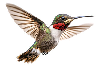 Obraz premium A vibrant ruby-throated hummingbird in dazzling flight, showcasing its iridescent plumage against a stark white background.