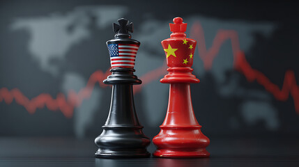 The image shows two chess pieces: a black queen with the US flag and a red queen with the Chinese flag. It's like one figure is attacking another. A world map is visible in the background.