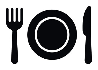 Dining essentials icon set: fork, knife, and plate in simple linear style for food and restaurant themes