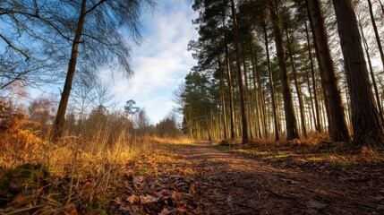 Obraz premium Serene forest path winding through tall trees under a bright blue sky during autumn