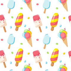 Seamless pattern with various colorful ice cream isolated on white background. Ice cream in waffle cone. Print for summer banners, packaging, wrapping, paper, cafe, street food. Vector illustration 