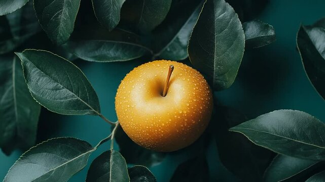 Fresh Asian Pear Close-Up with Dew Drops Surrounded by Lush Green Leaves, Studio Shot