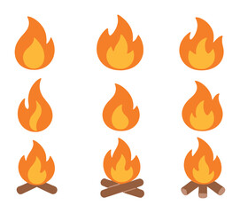 Set of 8 fire icons: campfire and flame designs in flat style