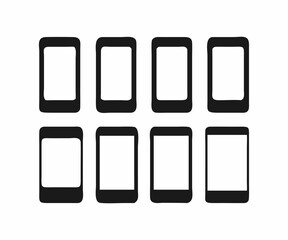 Simple, black and white graphic illustration of multiple smartphones arranged in overlapping formation.