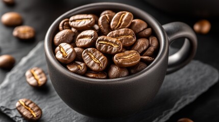 Fototapeta premium Fresh coffee beans in a black cup on a slate surface creating an inviting atmosphere for coffee lovers