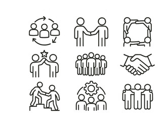Collaboration and teamwork icon set: linear design for business and networking