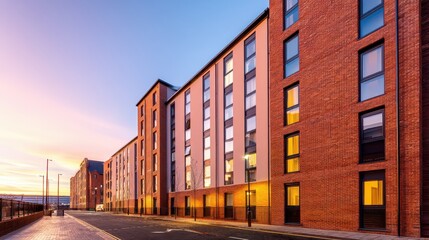 Obraz premium Modern brick apartment building at sunset with glowing windows and clear sky, urban setting