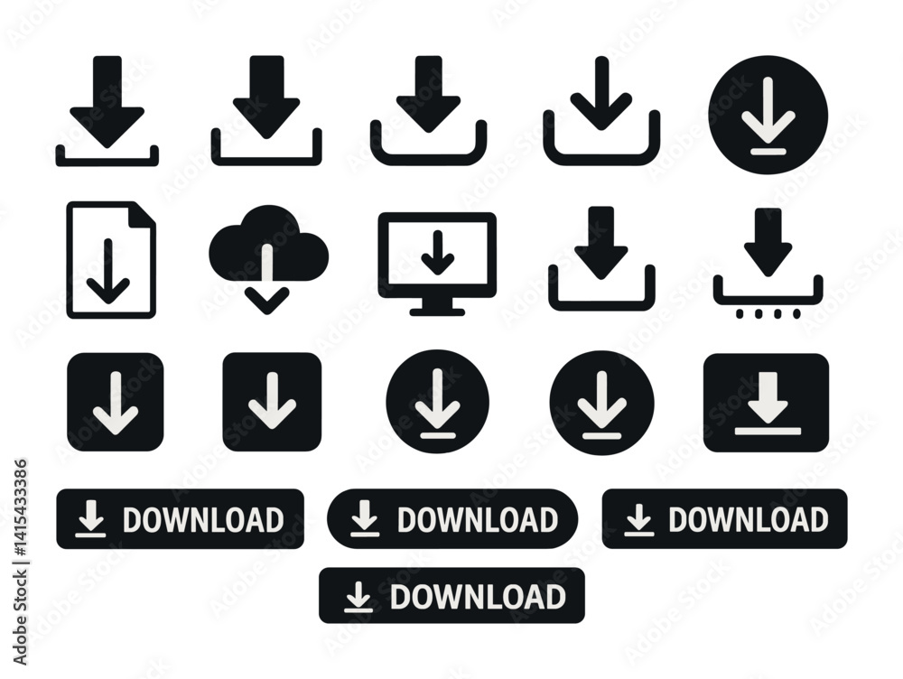 Poster comprehensive set of download icons in flat style for web and ui design projects