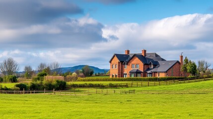 Obraz premium Scenic countryside view featuring a large brick house surrounded by green fields and hills