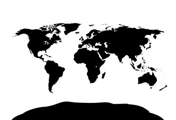 High-detail black silhouette world map, Mercator projection, flat earth template, isolated on white, copy space, illustration