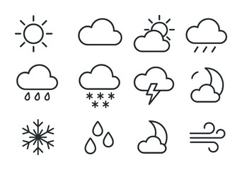 Linear weather icon set: sun, clouds, rain, snow, storm, wind - essential climate symbols