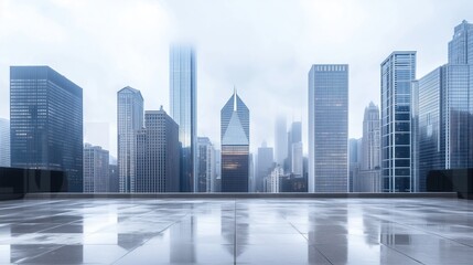 Fototapeta premium City skyline reflecting on wet surface in misty weather over urban landscape with towering buildings