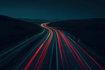 Serene Night Highway with Light Trails and Flowing Traffic Patterns