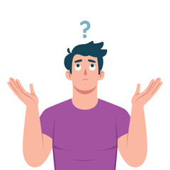 A perplexed man with a question mark above his head shrugs