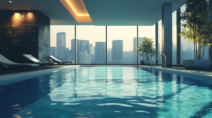 Fototapeta premium Luxurious penthouse swimming pool offering serene city vista and relaxation