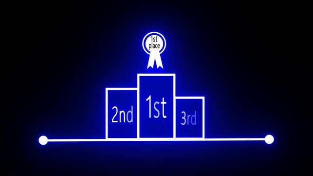 Glowing neon winner podium with 1st, 2nd, and 3rd place icon. Futuristic ranking stage logo design.