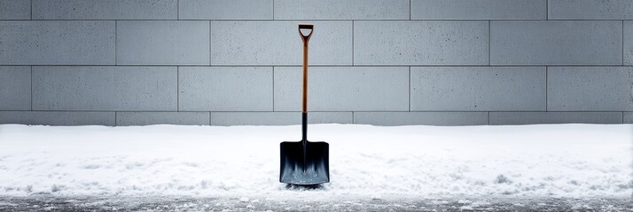 Snow Shovel Against Brick Wall - A black snow shovel stands upright in a small snowdrift against a gray brick wall background