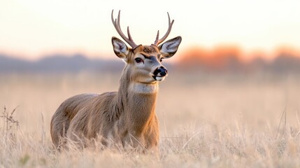 Fototapeta premium Majestic deer in golden field at sunset