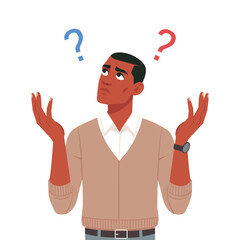 Baffled Man Pondering between blue and red thoughts searching for answers, cartoon vector illustration