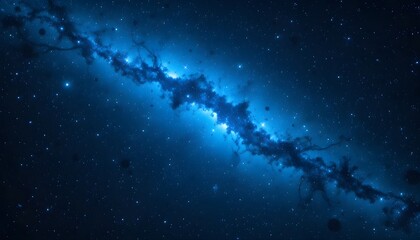 The background is a captivating, starry night sky with a bright, neon-blue nebula spanning the upper third of the image, interspersed with sparkling, white-yellow stars of various sizes and intensitie