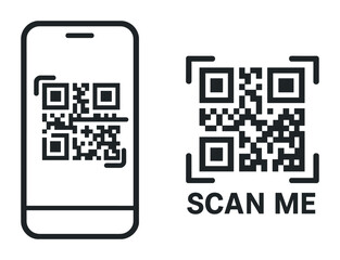 Qr code icon set: mobile scanning and qr display in linear style
