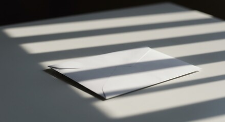 White envelope illuminated by shadows, creating a stark contrast on a bright surface