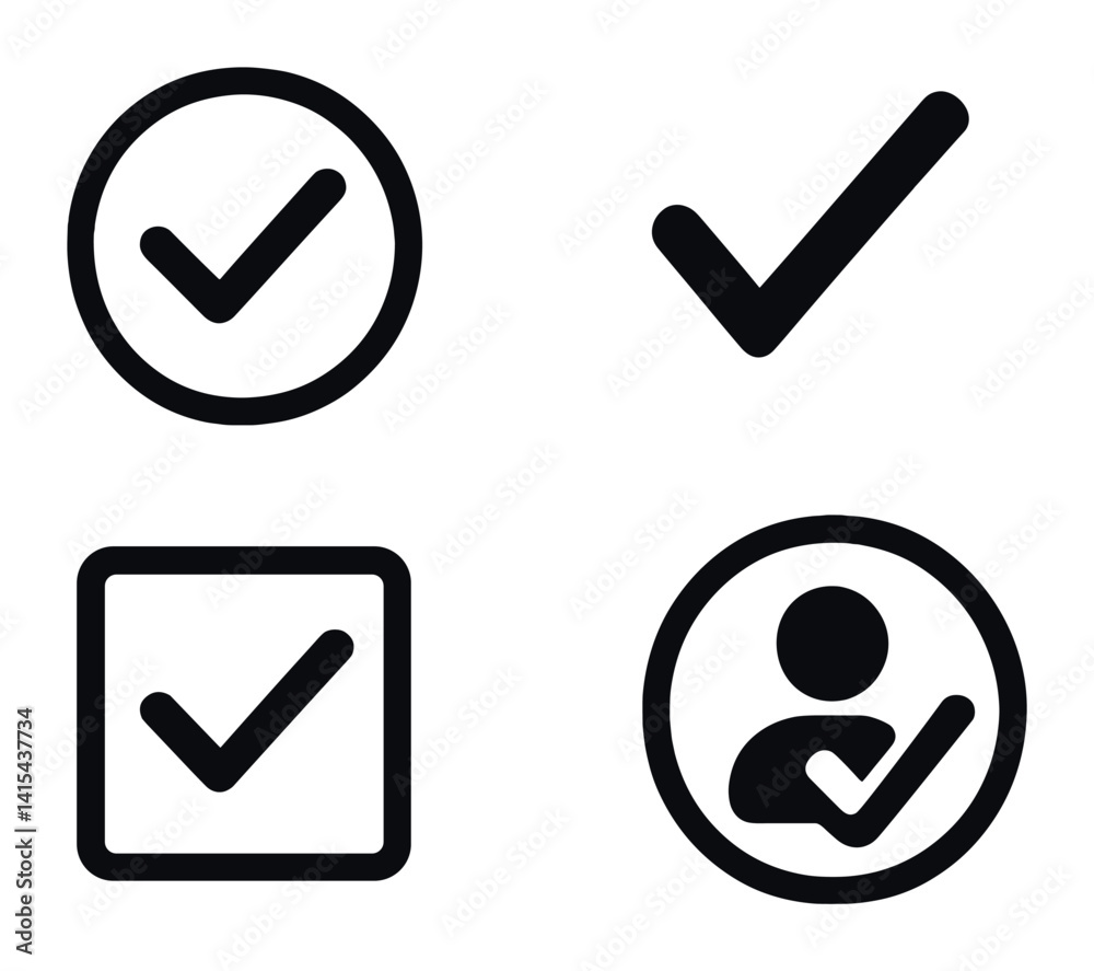 Poster minimalist linear icons set: check marks and user symbol for digital interfaces