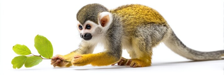 Obraz premium Squirrel Monkey with Green Leaf - Playful squirrel monkey interacting with a green leaf, symbolizing nature, wildlife, primates, tropical rainforest, and playful energy