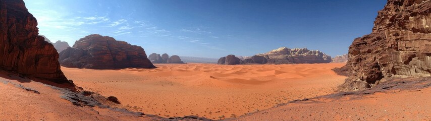 Fototapeta premium Panoramic view of a majestic desert landscape with impressive rock formations and vast red sand dunes.