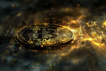 Stock market chart with Bitcoin logo in gold and black. Abstract digital backdrop with dollar figures and a golden coin