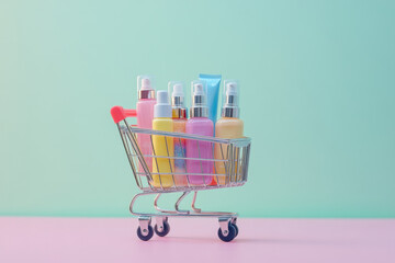 Shopping cart filled with cosmetics products in a busy store aisle. Brightly colored makeup items, skincare products, and beauty tools neatly arranged inside.