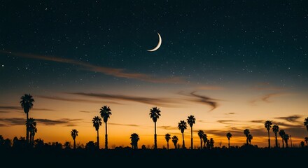Palm Trees Silhouetted Against Sunset with Crescent Moon and Stars