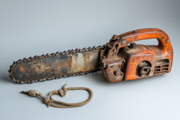 Old chainsaw with chain in a rustic workshop.