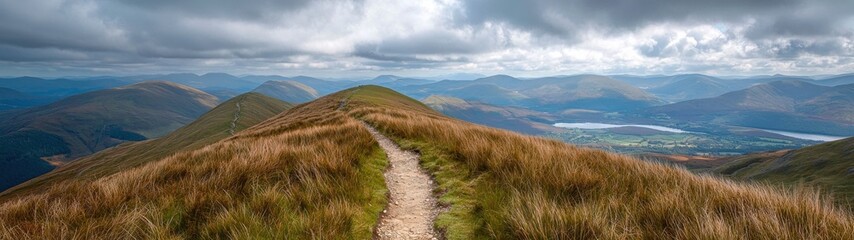A picturesque mountain trail winds across grassy hills, leading to scenic panoramic views under a cloudy sky.