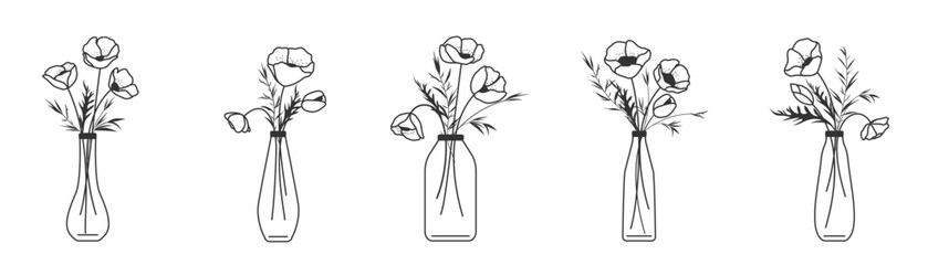 Outline flowers in vases, minimal style. An elegant set of spring poppies, hand-drawn in a contoured style. Black and white minimalism, floral theme, style for postcards, posters and decor